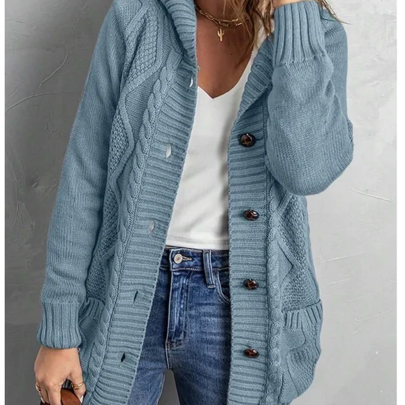 Cozy Teddy Lined Cable knit Hoodie Cardigan Jacket Shacket - Picture 10 of 11